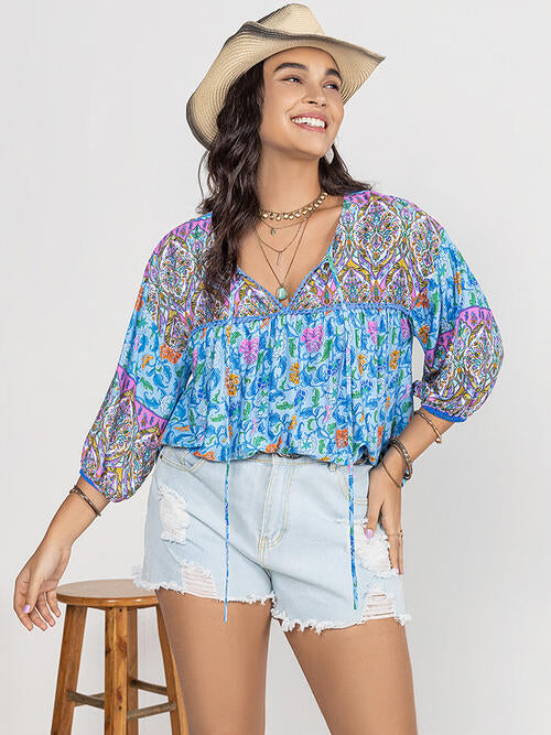 Plus Size Printed Tie Neck Balloon Sleeve Blouse |1mrk.com