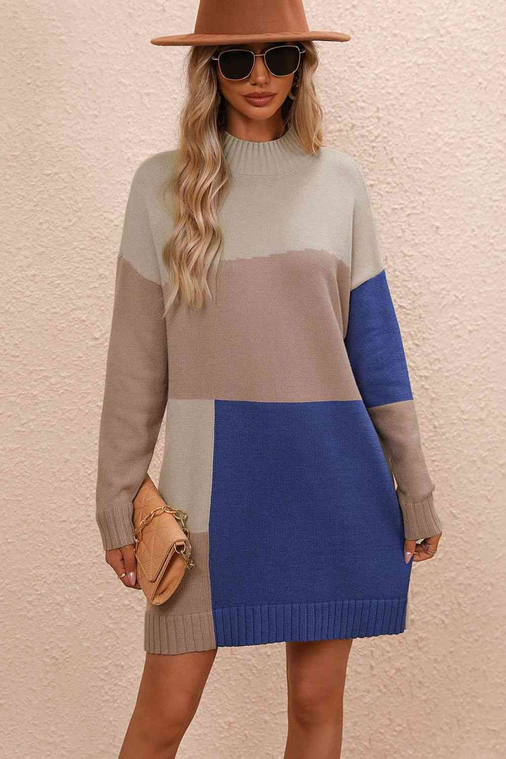 Color Block Mock Neck Dropped Shoulder Sweater Dress | 1mrk.com