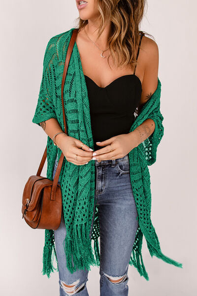 Openwork Open Front Cardigan with Fringes | Trendsi