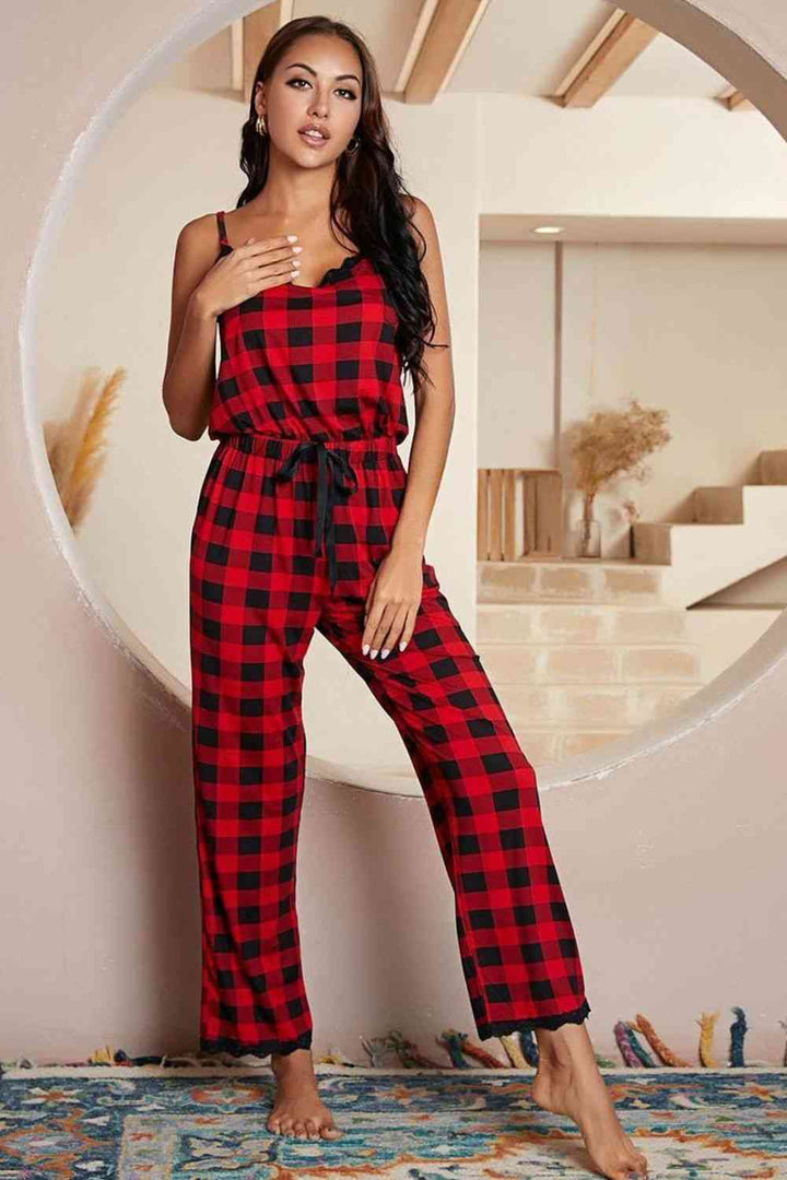 Plaid Lace Trim Spaghetti Strap Jumpsuit | 1mrk.com