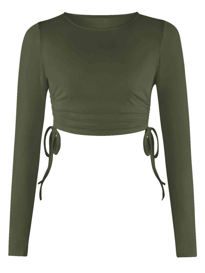 Drawstring Round Neck Long Sleeve Top | 1mrk.com