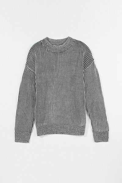 Striped Mock Neck Dropped Shoulder Sweater |1mrk.com