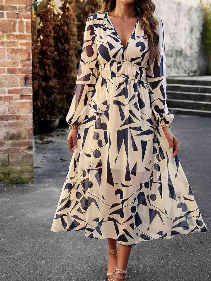 Printed V-Neck Long Sleeve Midi Dress |1mrk.com