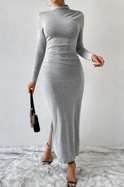 Heathered Slit Mock Neck Wrap Dress |1mrk.com