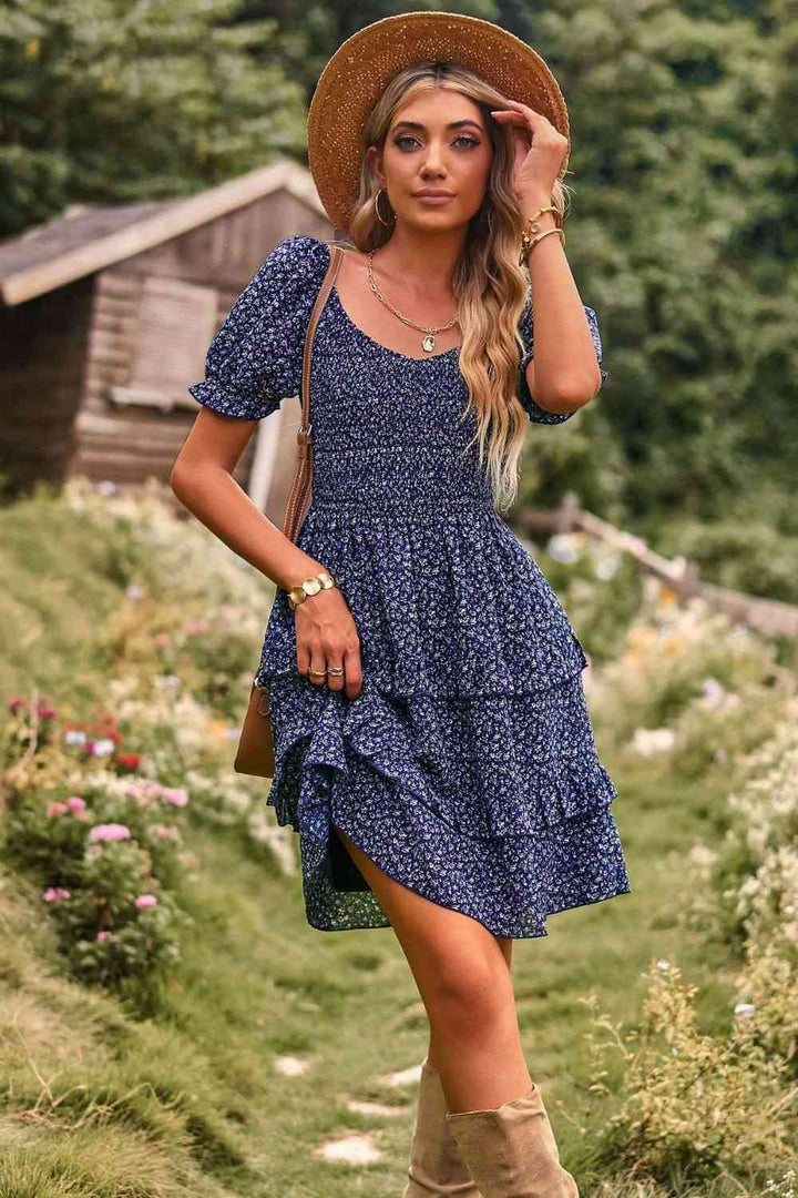 Smocked Sweetheart Neck Flounce Sleeve Mini Dress |1mrk.com