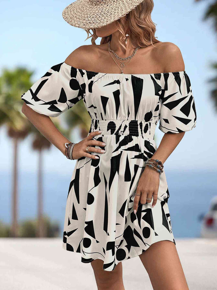 Printed Off-Shoulder Smocked Waist Dress |1mrk.com