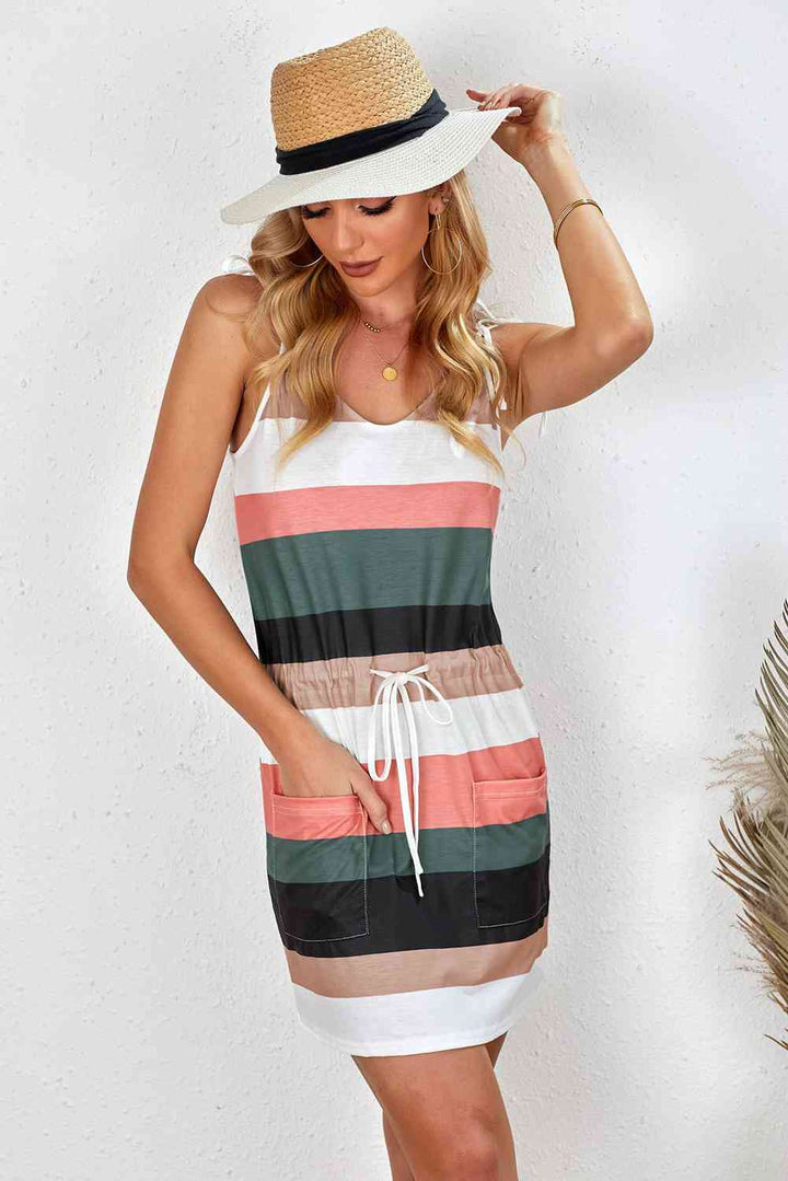 Striped Drawstring Waist Tie-Shoulder Mini Dress |1mrk.com