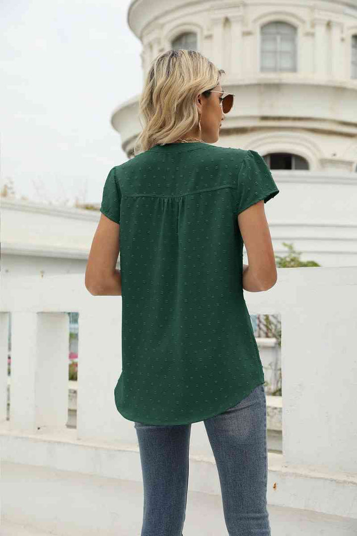 Swiss Dot Notched Neck Short Sleeve Top | 1mrk.com