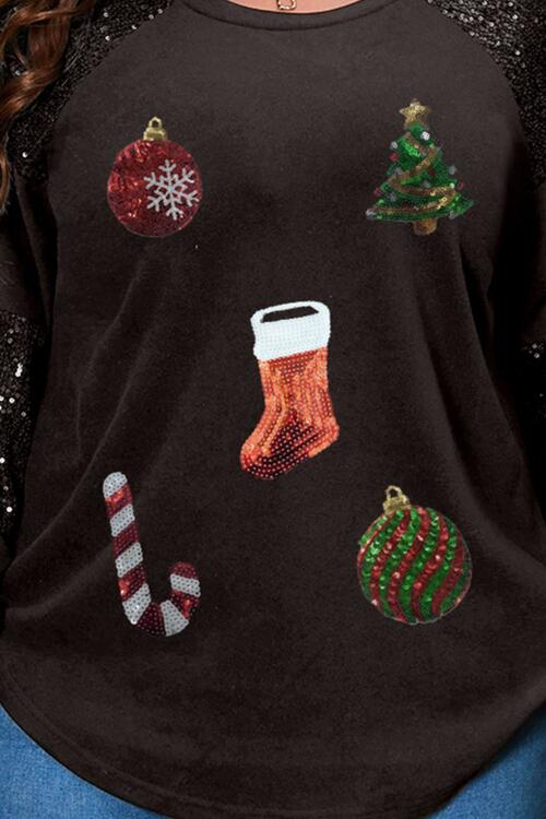 Plus Size Christmas Element Sequin Long Sleeve Sweatshirt |1mrk.com