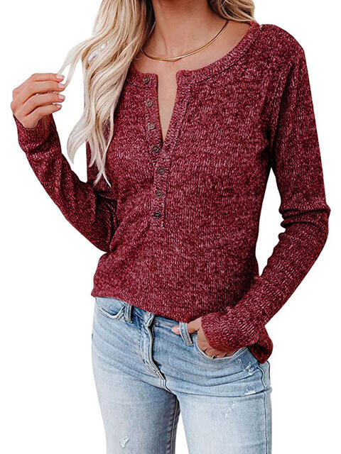 Round Neck Buttoned Long Sleeve T-Shirt | 1mrk.com