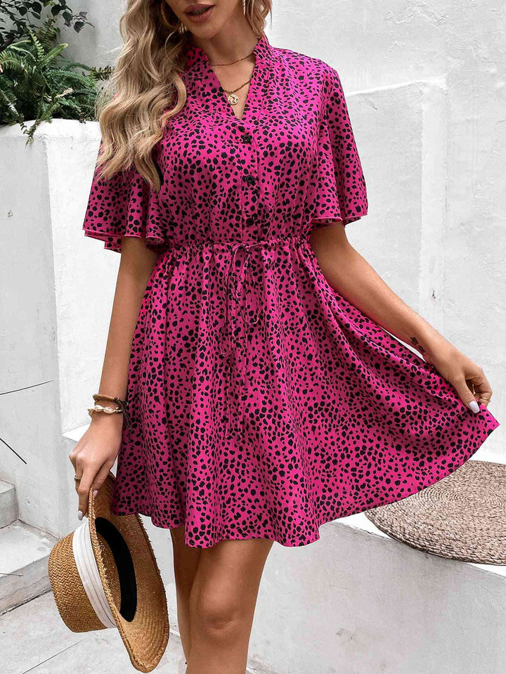 Printed Drawstring Waist Flutter Sleeve Dress |1mrk.com