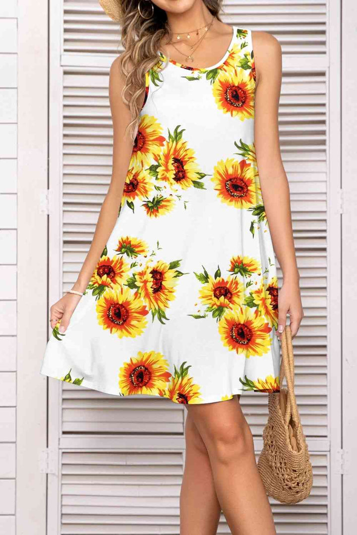 Printed Round Neck Sleeveless Dress |1mrk.com