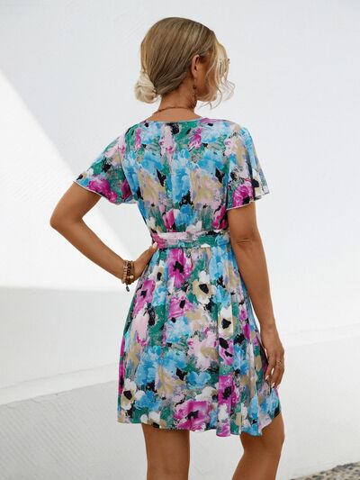 Printed Surplice Tie Waist Mini Dress |1mrk.com