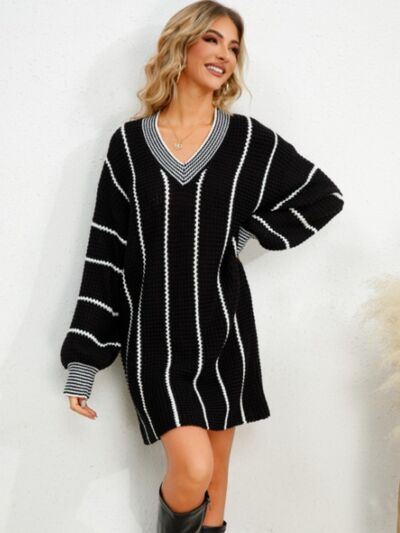 Striped V-Neck Long Sleeve Mini Dress |1mrk.com