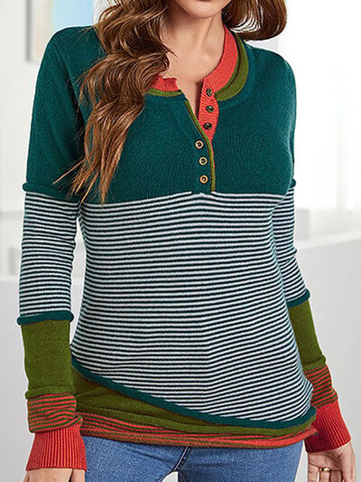 Striped Contrast Notched Long Sleeve Sweater |1mrk.com