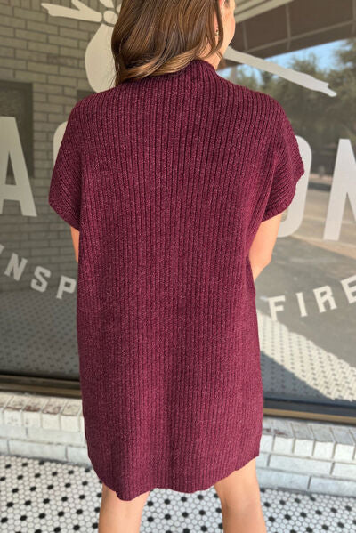 Ribbed Pocketed Mock Neck Short Sleeve Sweater |1mrk.com