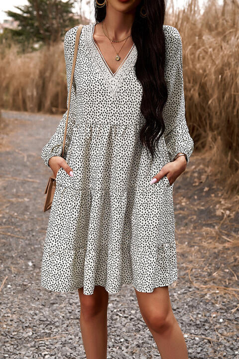 Lace Trim V-Neck Long Sleeve Dress |1mrk.com