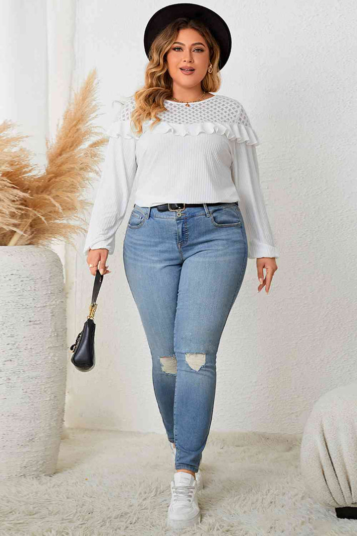 Plus Size Ruffled Round Neck Long Sleeve Blouse | 1mrk.com