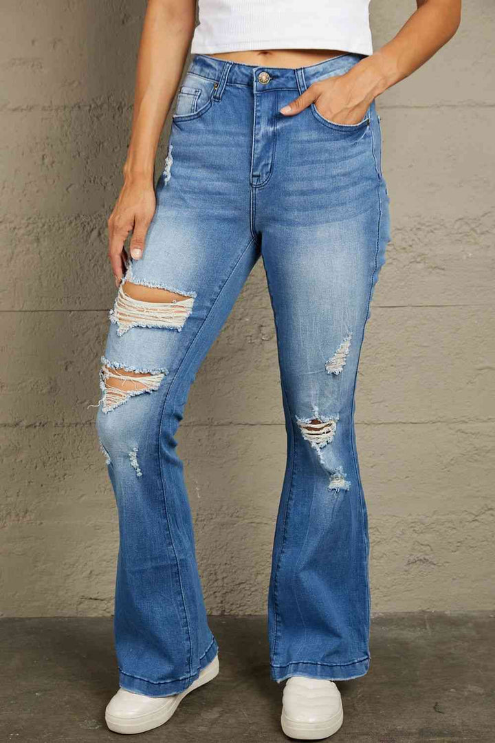 Baeful Distressed Flare Leg Jeans with Pockets |1mrk.com