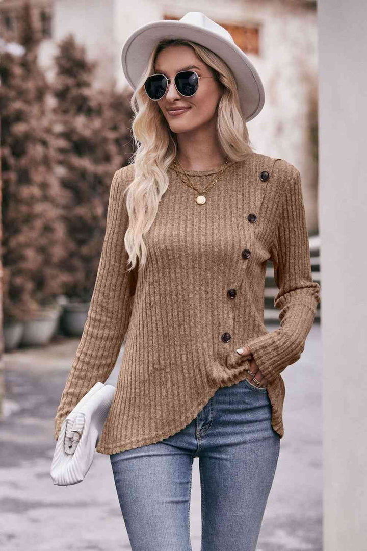 Double Take Ribbed Round Neck Buttoned Long Sleeve Tee | 1mrk.com