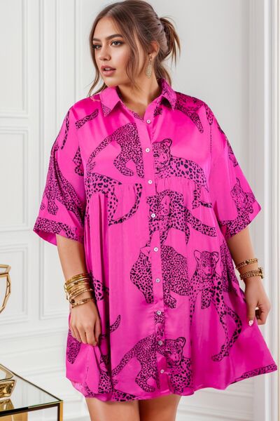 Plus Size Tiger Printed Button Up Half Sleeve Dress |1mrk.com