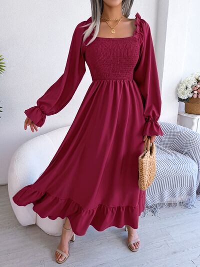 Smocked Square Neck Flounce Sleeve Dress |1mrk.com