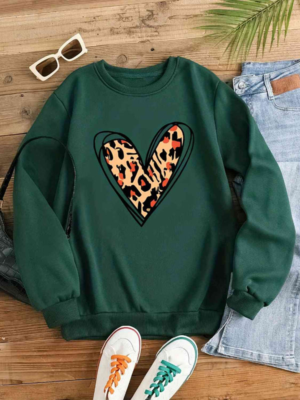 Leopard Heart Round Neck Long Sleeve Sweatshirt |1mrk.com