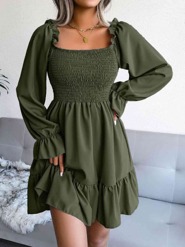 Smocked Flounce Sleeve Square Neck Dress |1mrk.com