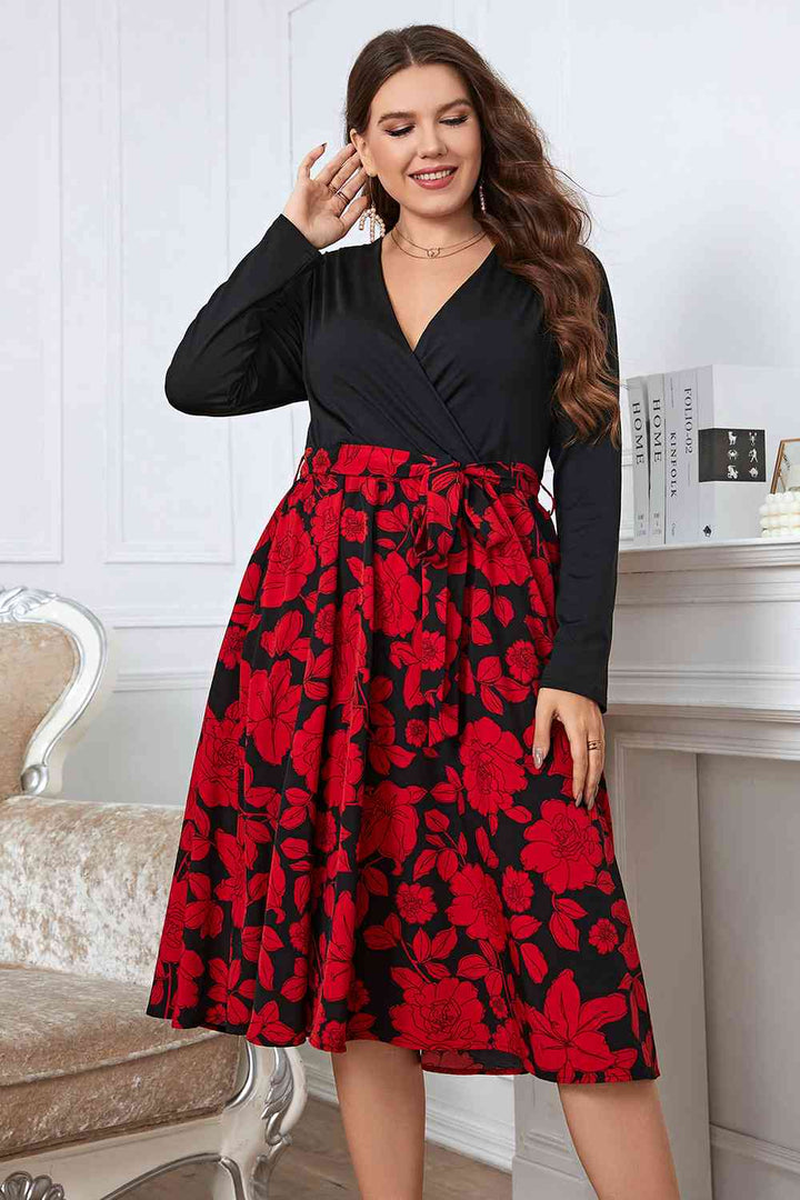 Plus Size Floral Surplice Neck Long Sleeve Dress |1mrk.com