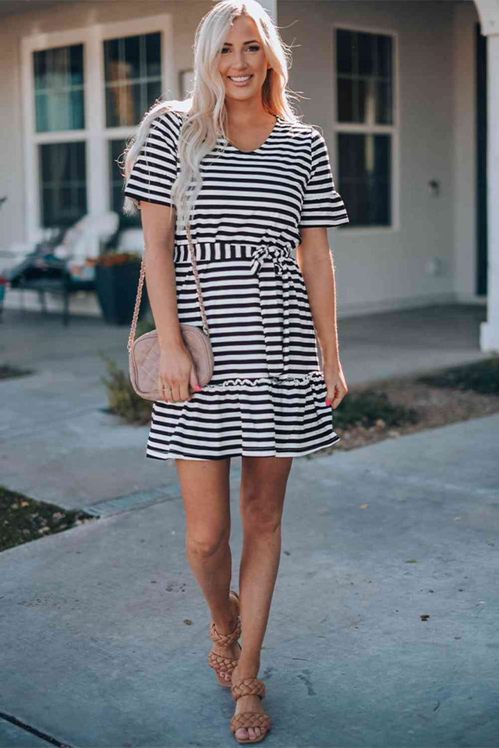 Striped Tie-Waist Frill Trim V-Neck Dress |1mrk.com