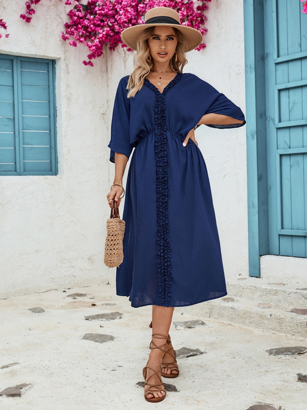 Frill Slit V-Neck Three-Quarter Sleeve Dress | Trendsi