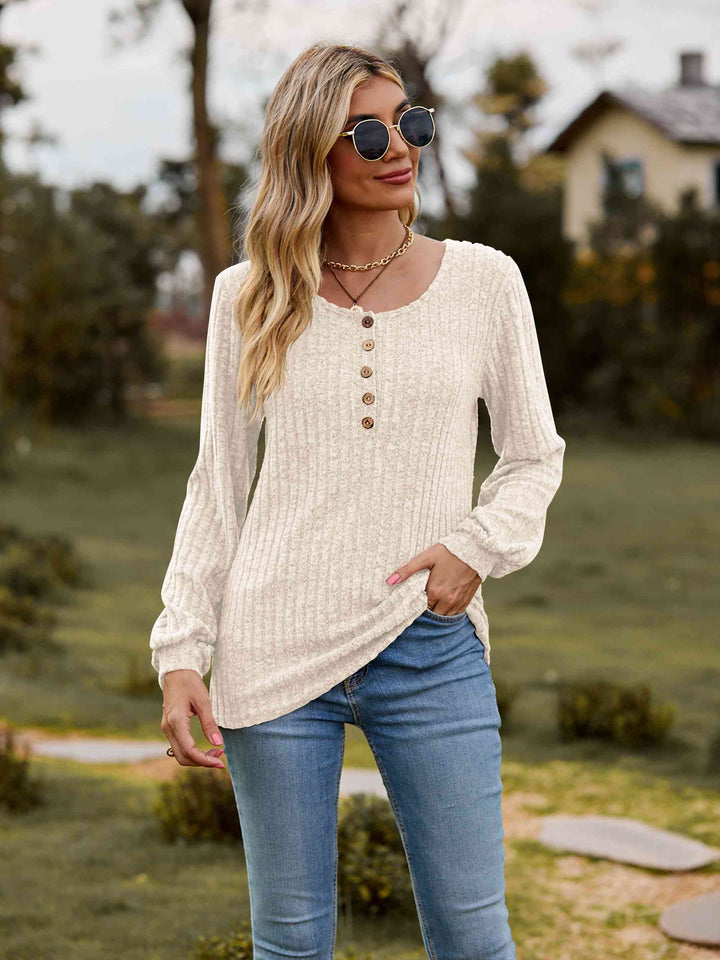 Round Neck Button-Down Long Sleeve Tee | 1mrk.com