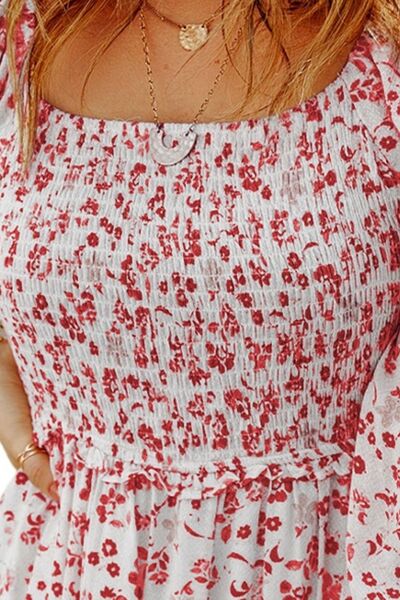 Smocked Floral Square Neck Balloon Sleeve Dress |1mrk.com