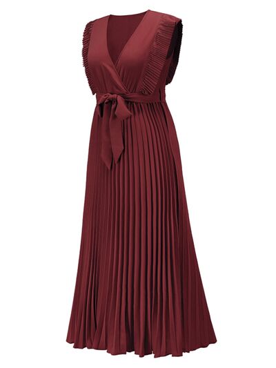 Tied Surplice Cap Sleeve Pleated Dress |1mrk.com