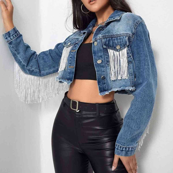 Fringe Detail Long Sleeve Cropped Denim Jacket | 1mrk.com