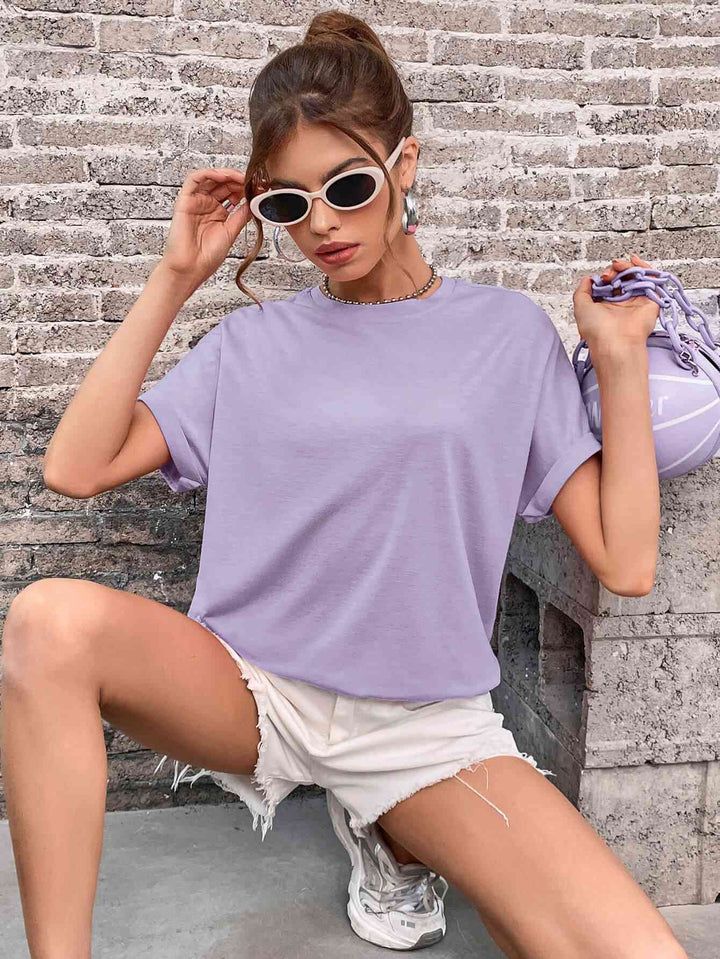 Round Neck Cuffed Sleeve T-Shirt | 1mrk.com