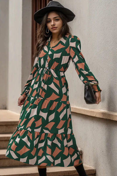 Printed Tied Pocketed Lantern Sleeve Dress | 1mrk.com