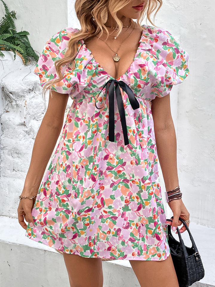 Printed V-Neck Puff Sleeve Mini Dress | Trendsi