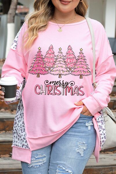 Plus Size MERRY CHRISTMAS Leopard Dropped Shoulder Sweatshirt | Trendsi