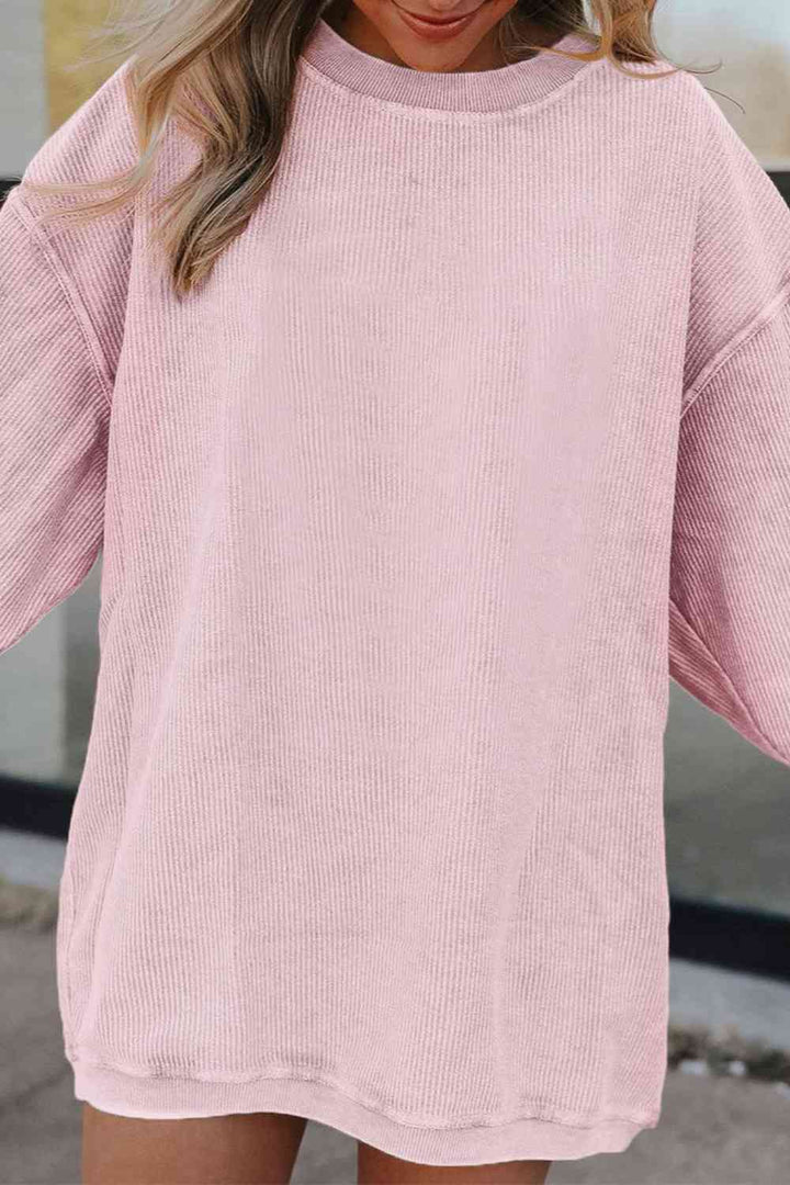 Ribbed Round Neck Drop Shoulder Sweatshirt |1mrk.com