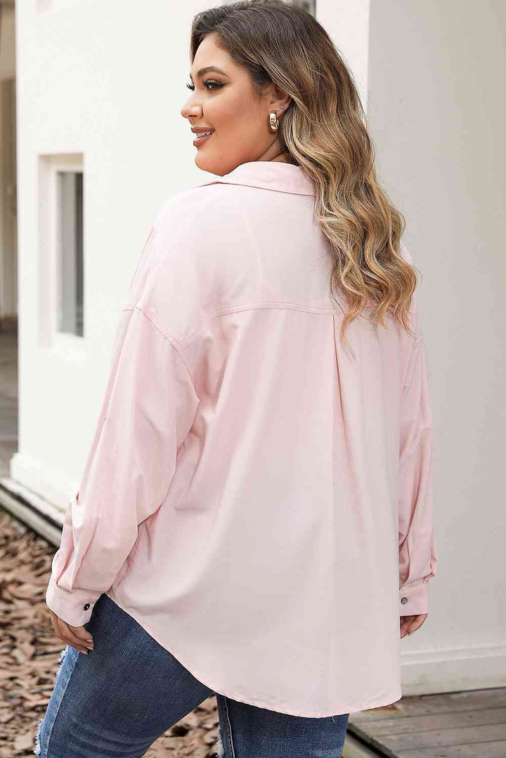 Plus Size Collared Neck Button Front Long Sleeve Shirt |1mrk.com