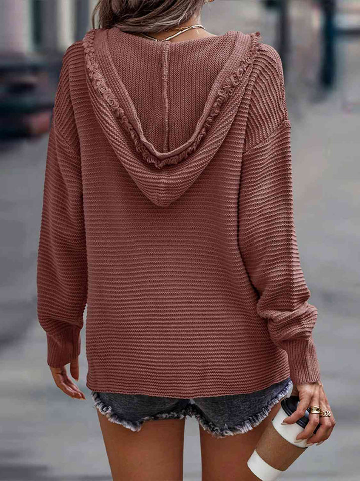 Ribbed Fringed V-Neck Hooded Sweater |1mrk.com