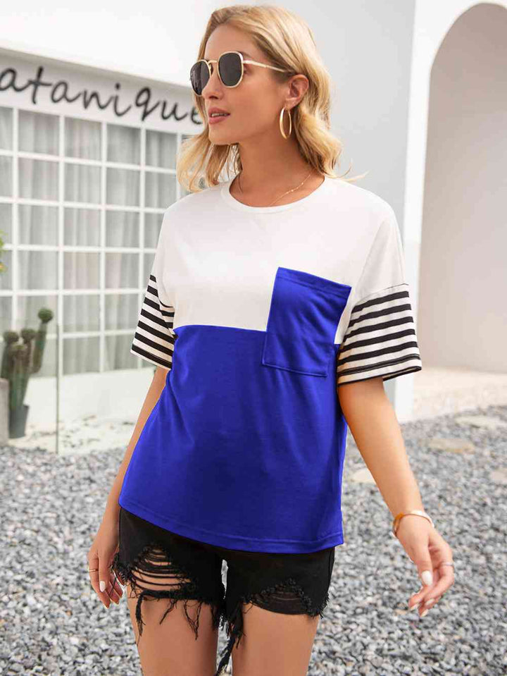 Striped Color Block Round Neck Tee | 1mrk.com