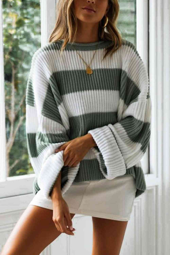 Striped Round Neck Long Sleeve Sweater | 1mrk.com