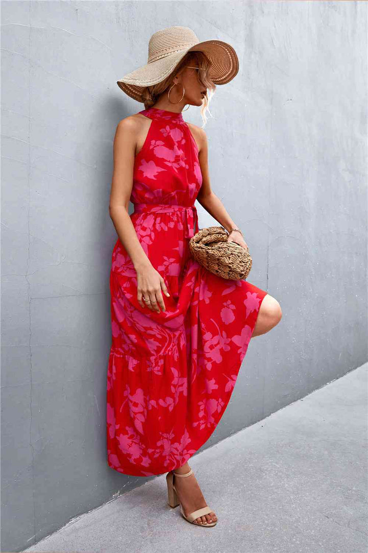 Printed Sleeveless Tie Waist Maxi Dress |1mrk.com