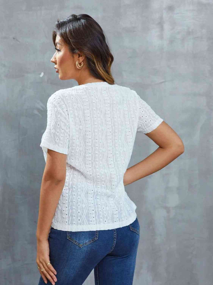 Openwork Short Sleeve Round Neck Top | 1mrk.com