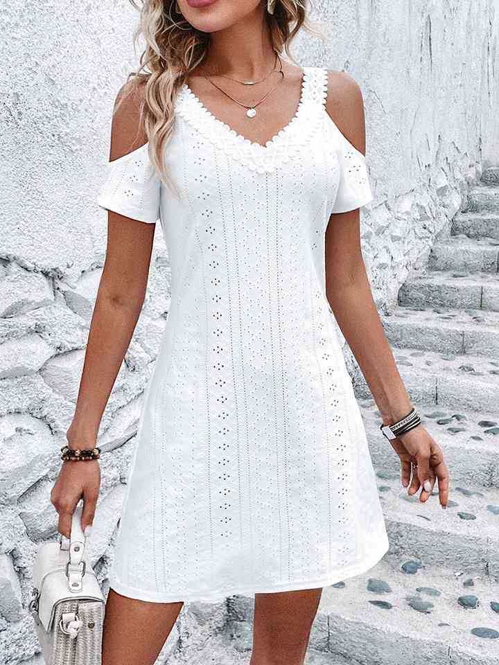 Eyelet V-Neck Cold-Shoulder Dress |1mrk.com