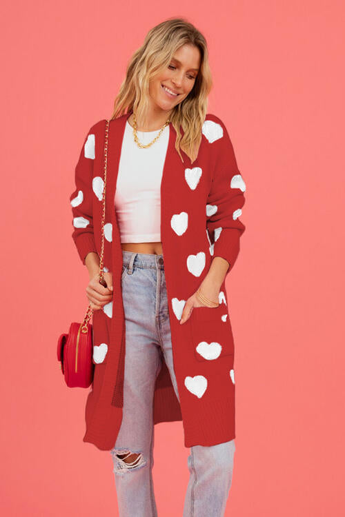 Heart Graphic Open Front Cardigan with Pockets |1mrk.com