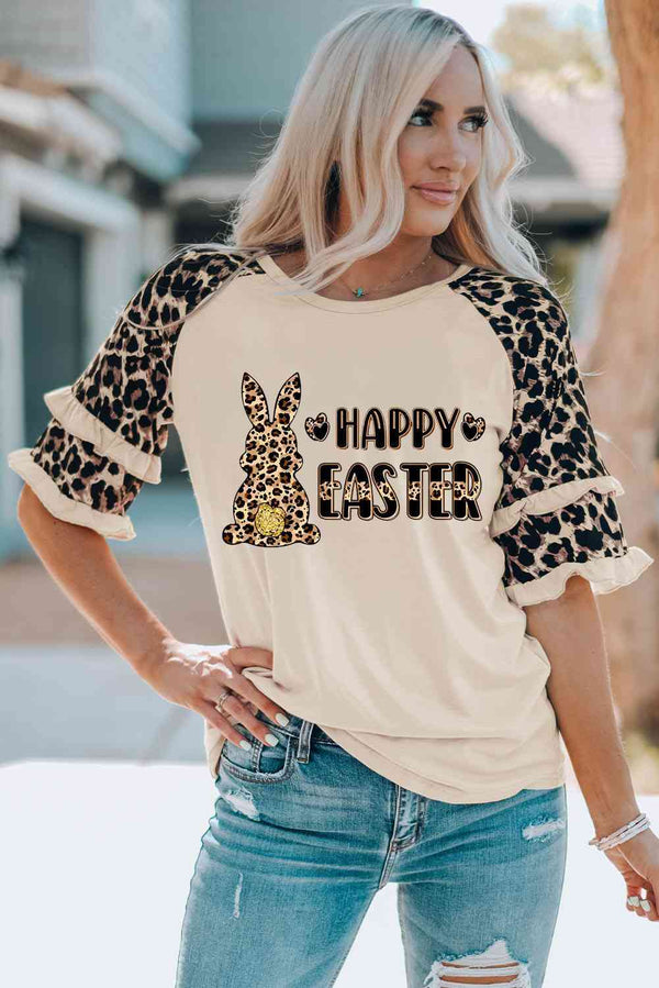 HAPPY EASTER Leopard Graphic Layered Sleeve T-Shirt | 1mrk.com