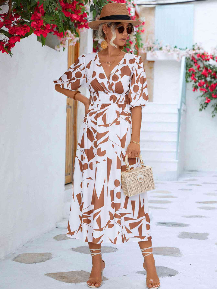 Printed Surplice Balloon Sleeve Dress |1mrk.com